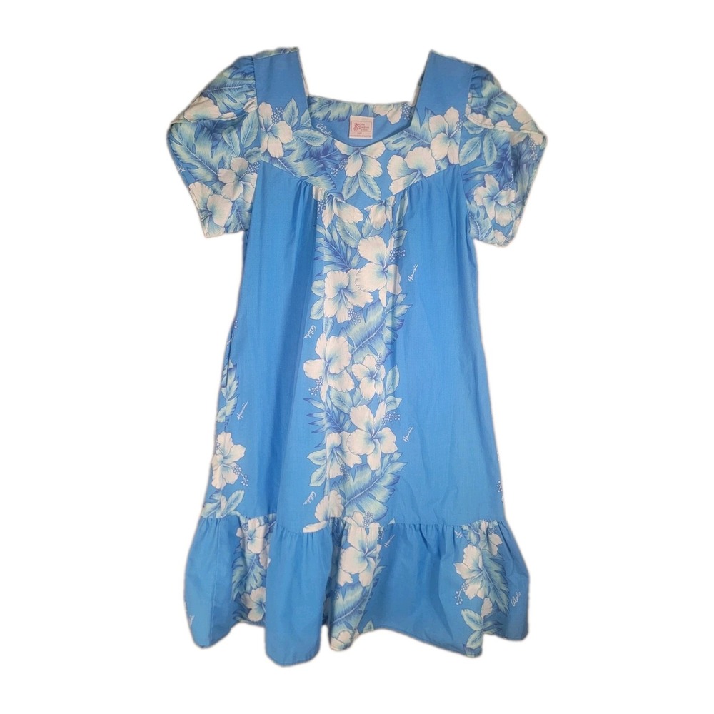 Vintage Kalena Fashions Dress L Blue Floral Muumuu Tiki Coastal Grandma